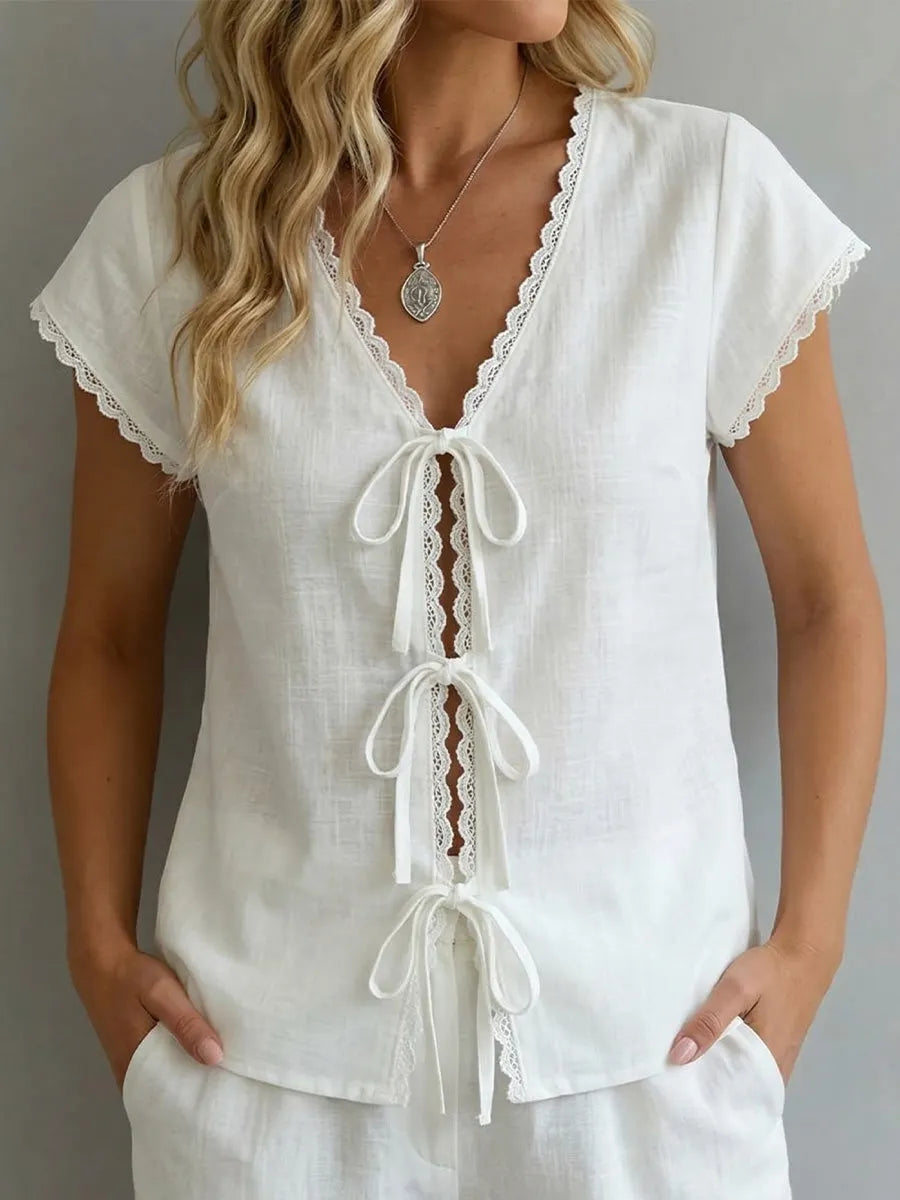 Color-block Short-sleeve Laces Top