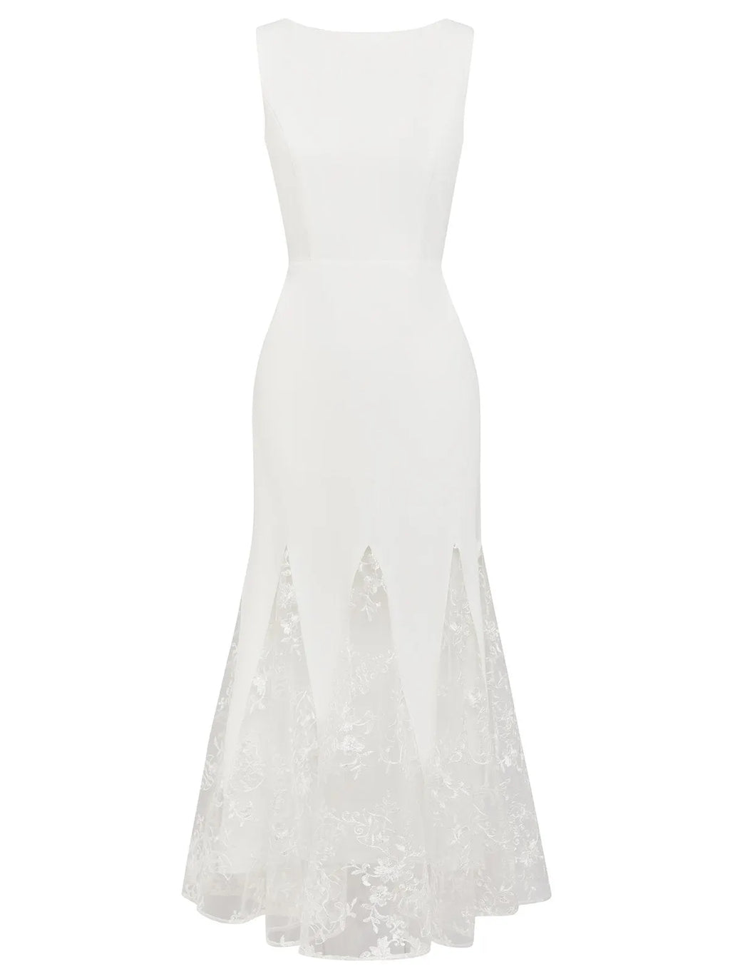 White Lace Boat Neck Sleeveless Mermaid Maxi Dress