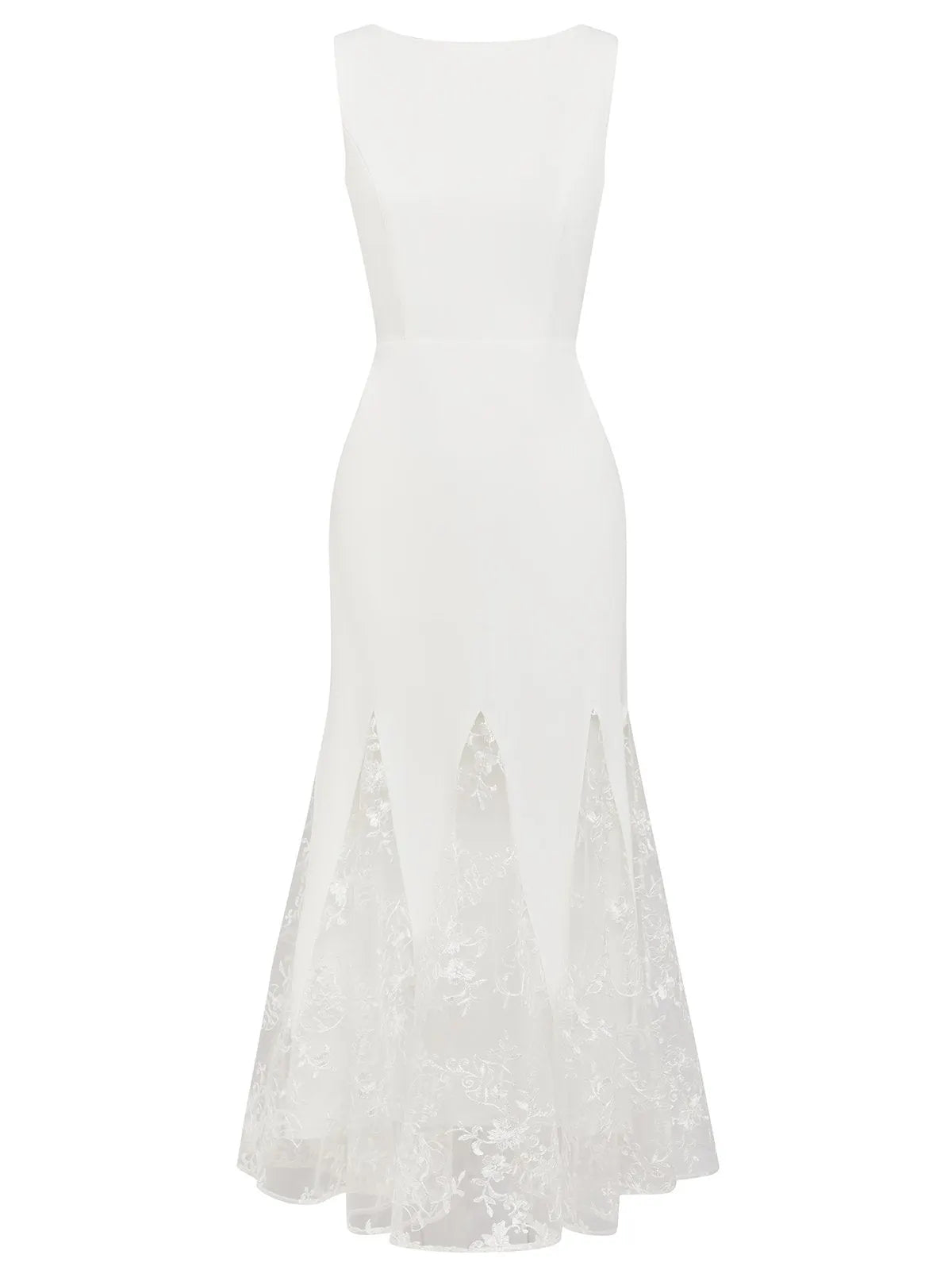 White Lace Boat Neck Sleeveless Mermaid Maxi Dress