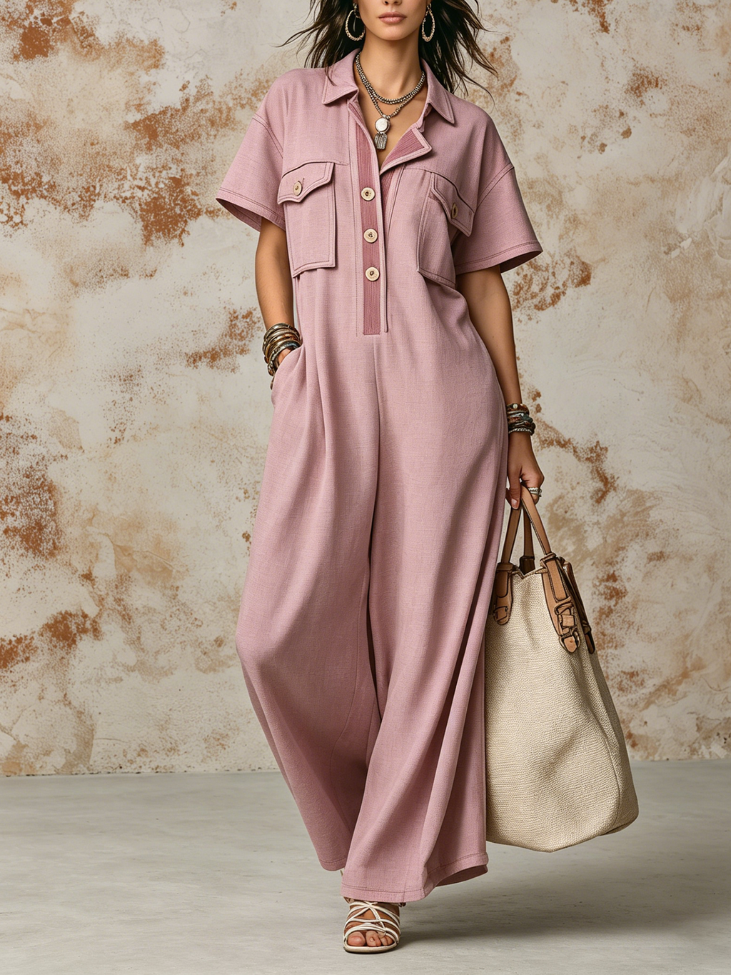Dusty Pink Linen-Blend Utility Pocket Wide-Leg Jumpsuit
