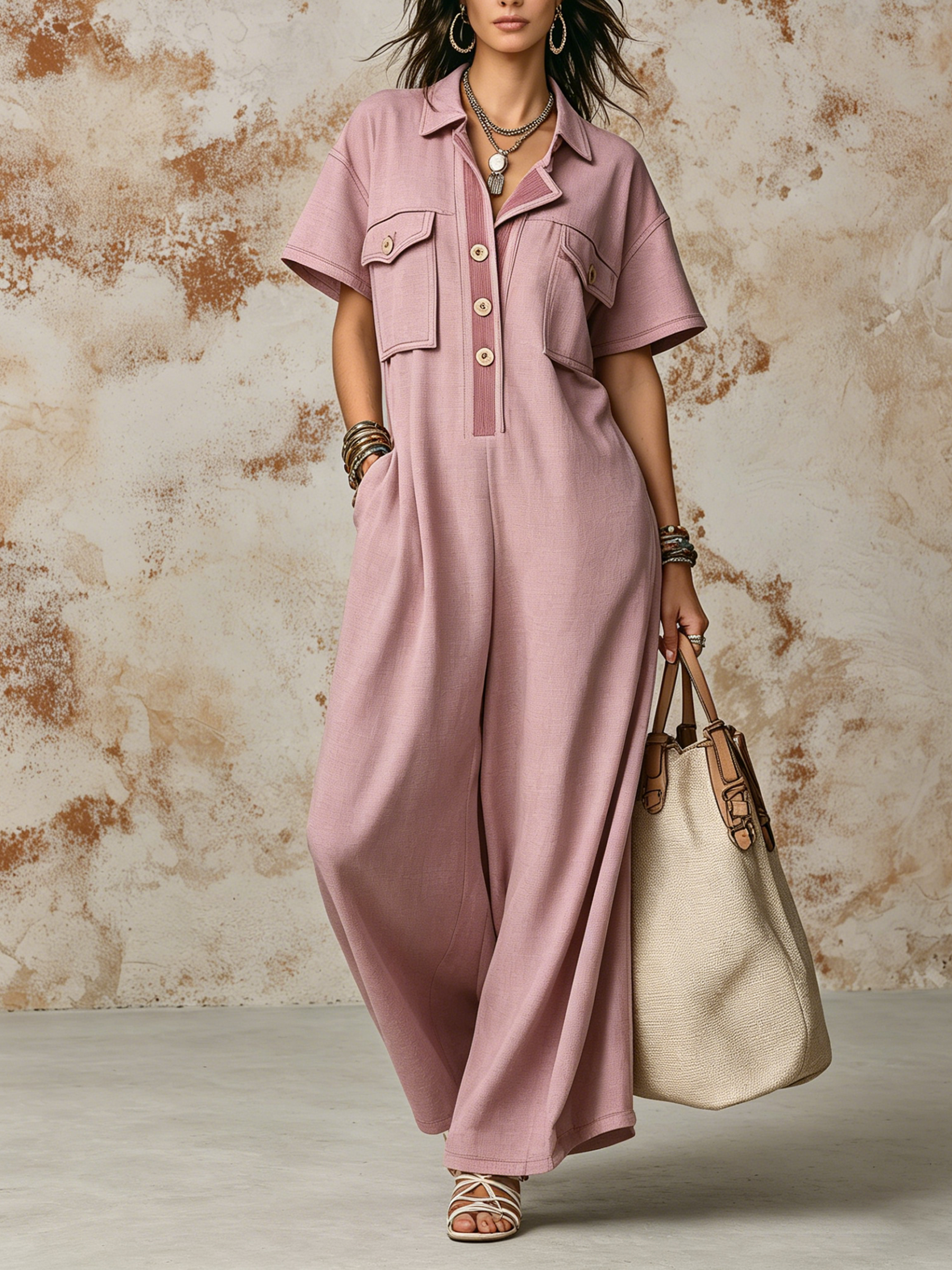 Dusty Pink Linen-Blend Utility Pocket Wide-Leg Jumpsuit