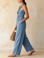Blue Pinstripe Halter Neck Wide-Leg Jumpsuit With Keyhole Cutout