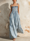 Blue Striped Linen Smocked Tiered Maxi Dress
