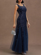 Purplish Blue Sequin Crew Neck Sleeveless Sheath Maxi Mother of the Bride or Groom Dress