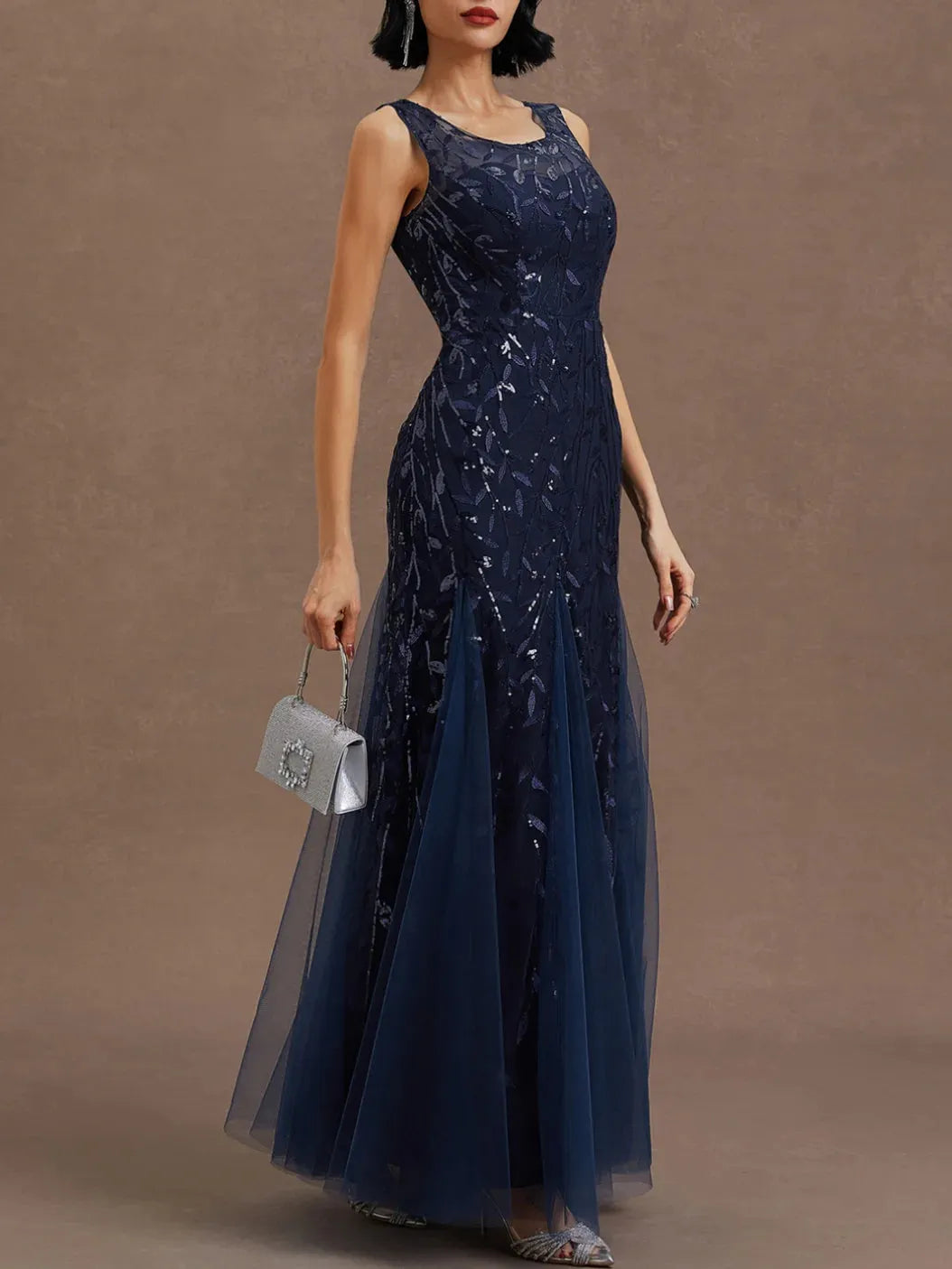 Purplish Blue Sequin Crew Neck Sleeveless Sheath Maxi Mother of the Bride or Groom Dress