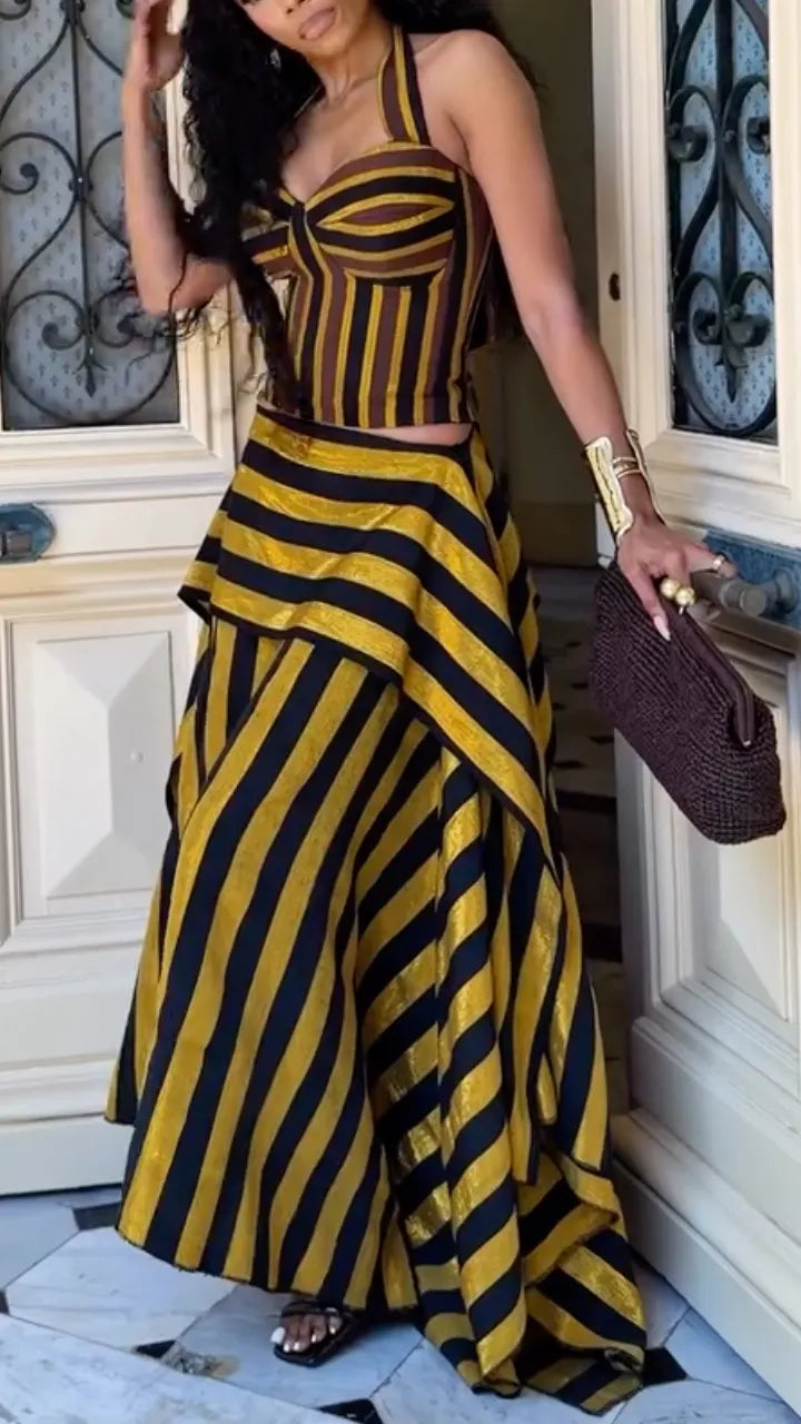Bold Stripe Halter Corset Layer Maxi Skirt Matching Set