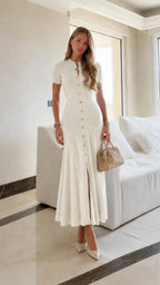 Hollow Knit Waist-Cinched Midi Dress