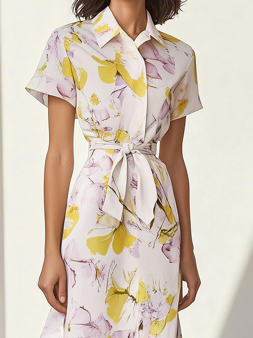 Floral Print Cotton-Blend Short-Sleeve Dress with Waist Tie
