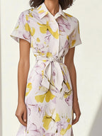Floral Print Cotton-Blend Short-Sleeve Dress with Waist Tie