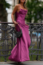 Magenta Satin Cowl Slip Maxi Dress