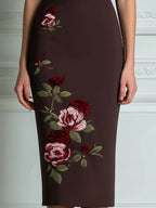 Deep V-Neck Embroidered Rose Fitted Midi Dress
