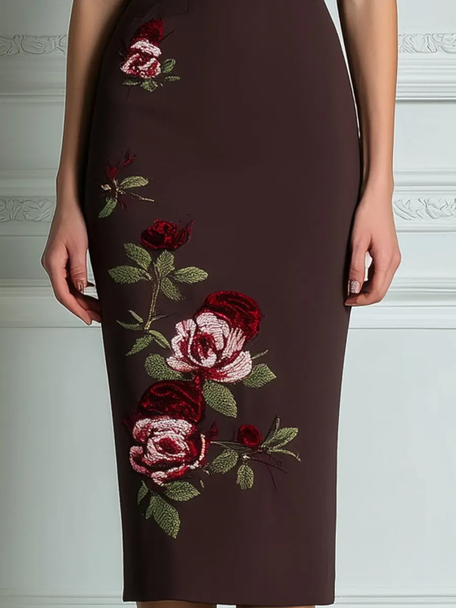 Deep V-Neck Embroidered Rose Fitted Midi Dress