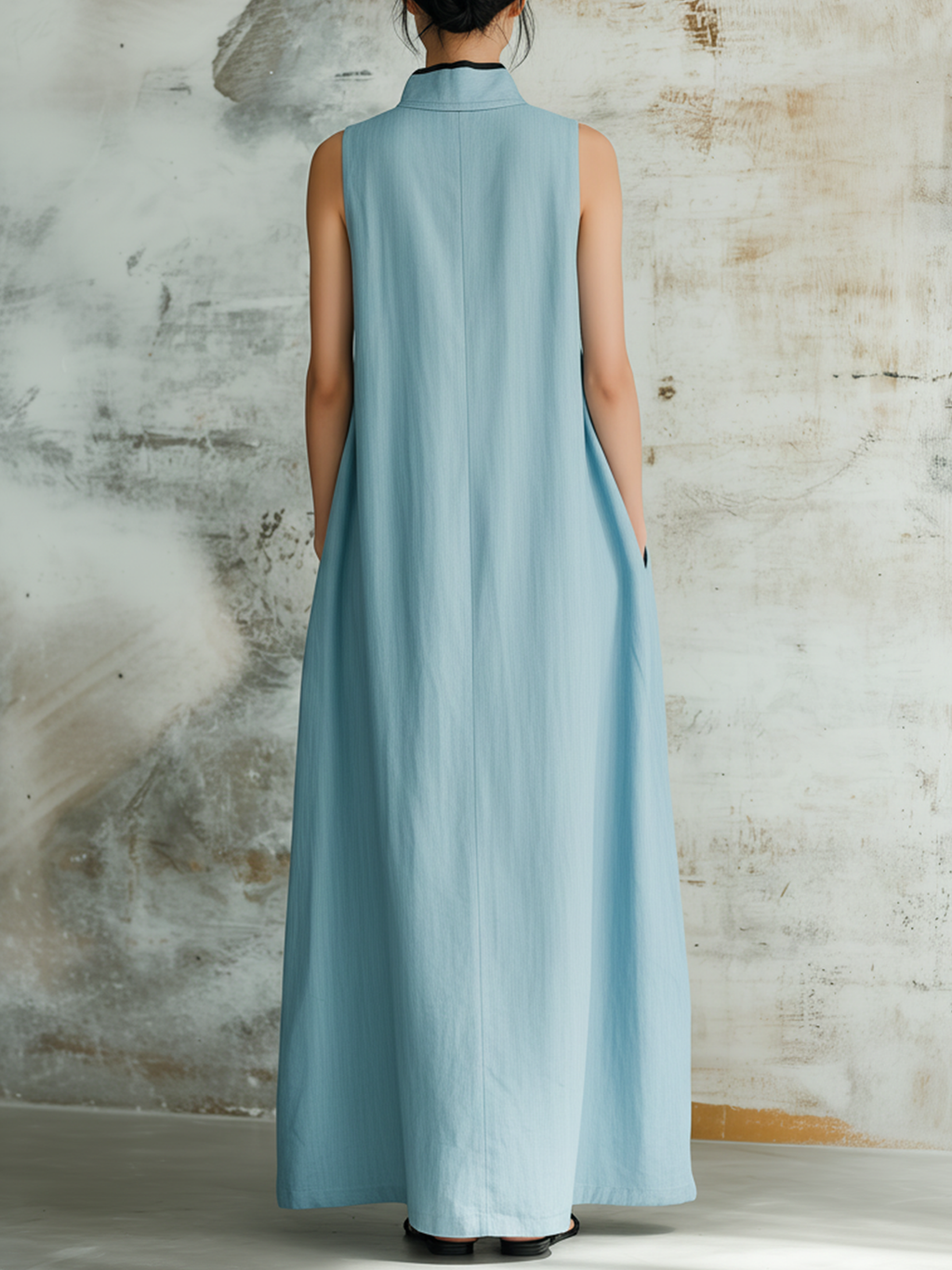 Dusty Blue Linen Blend Sleeveless Maxi Dress