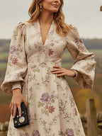 Maxi Linen Dress, Long Sleeves, V Neck, Floral, Vintage, Apricot
