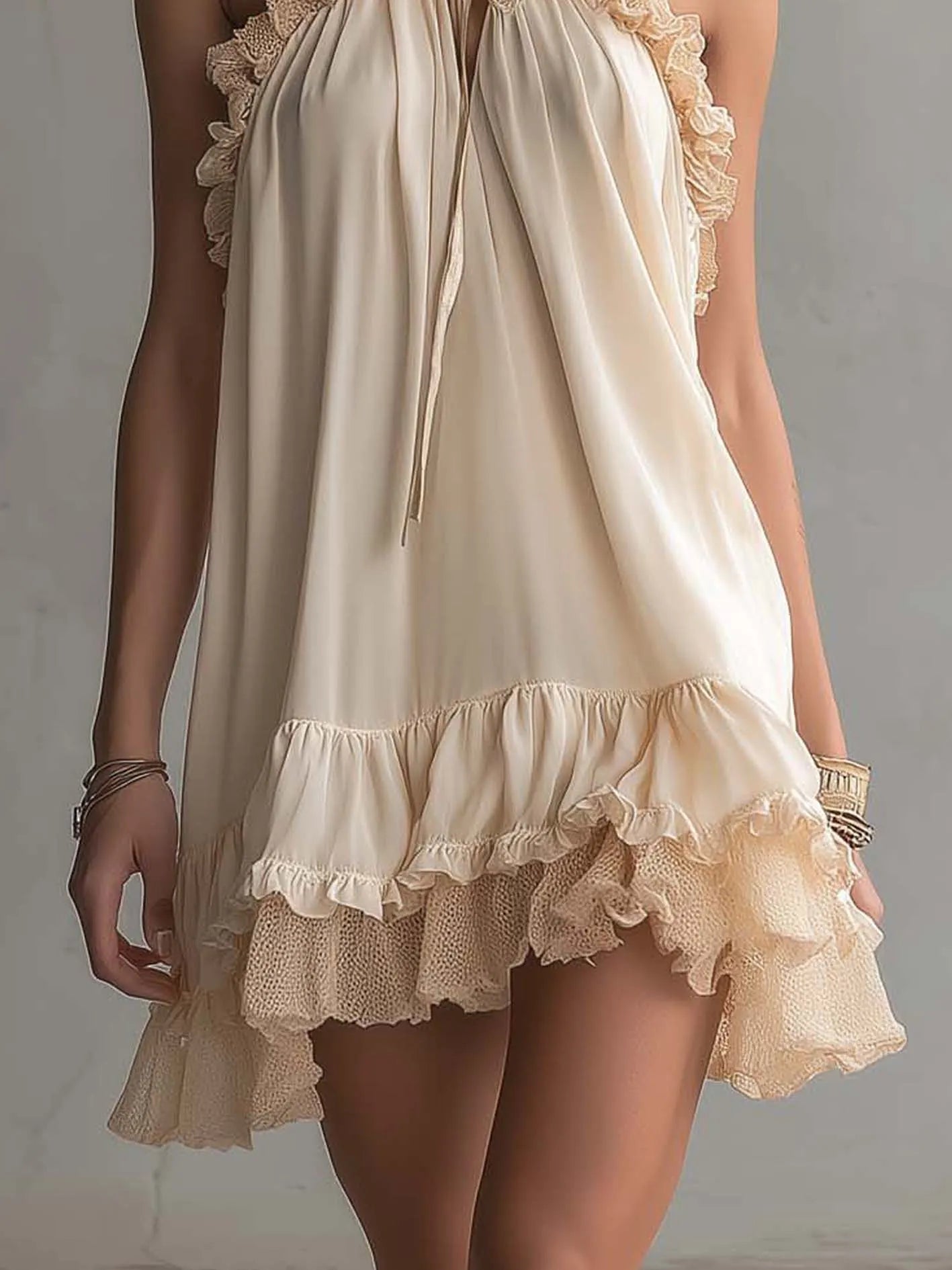 Beige Ruffled Trim Patchwork Chiffon Mini Dress
