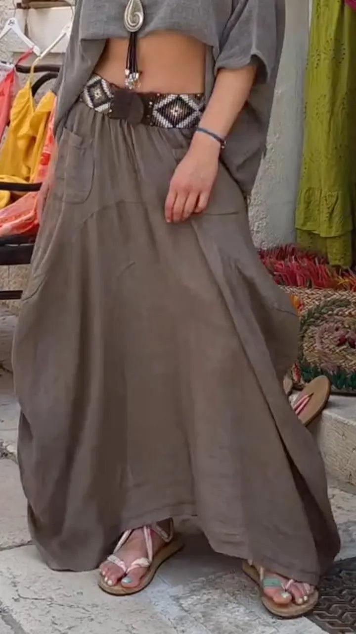 Beige Linen Layered Maxi Skirt