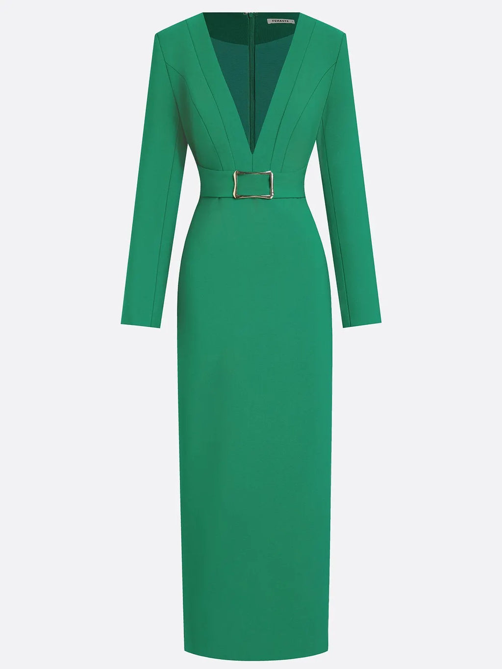 Green Classic Deep V Neck Long Sleeve Sheath Maxi Dress