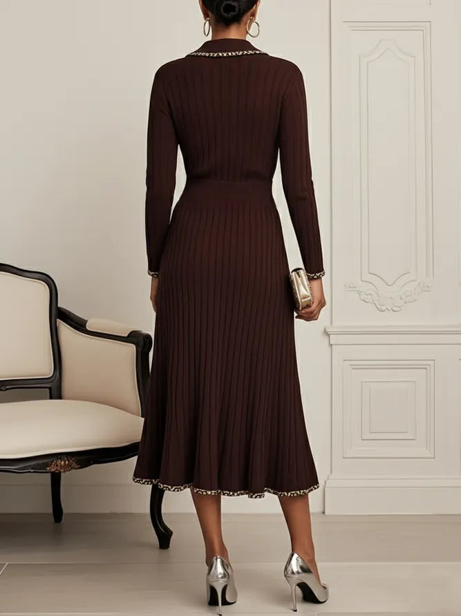 Red Brown Piping Buckle Sweater Lapel Collar Long Sleeve A-Line Midi Dress