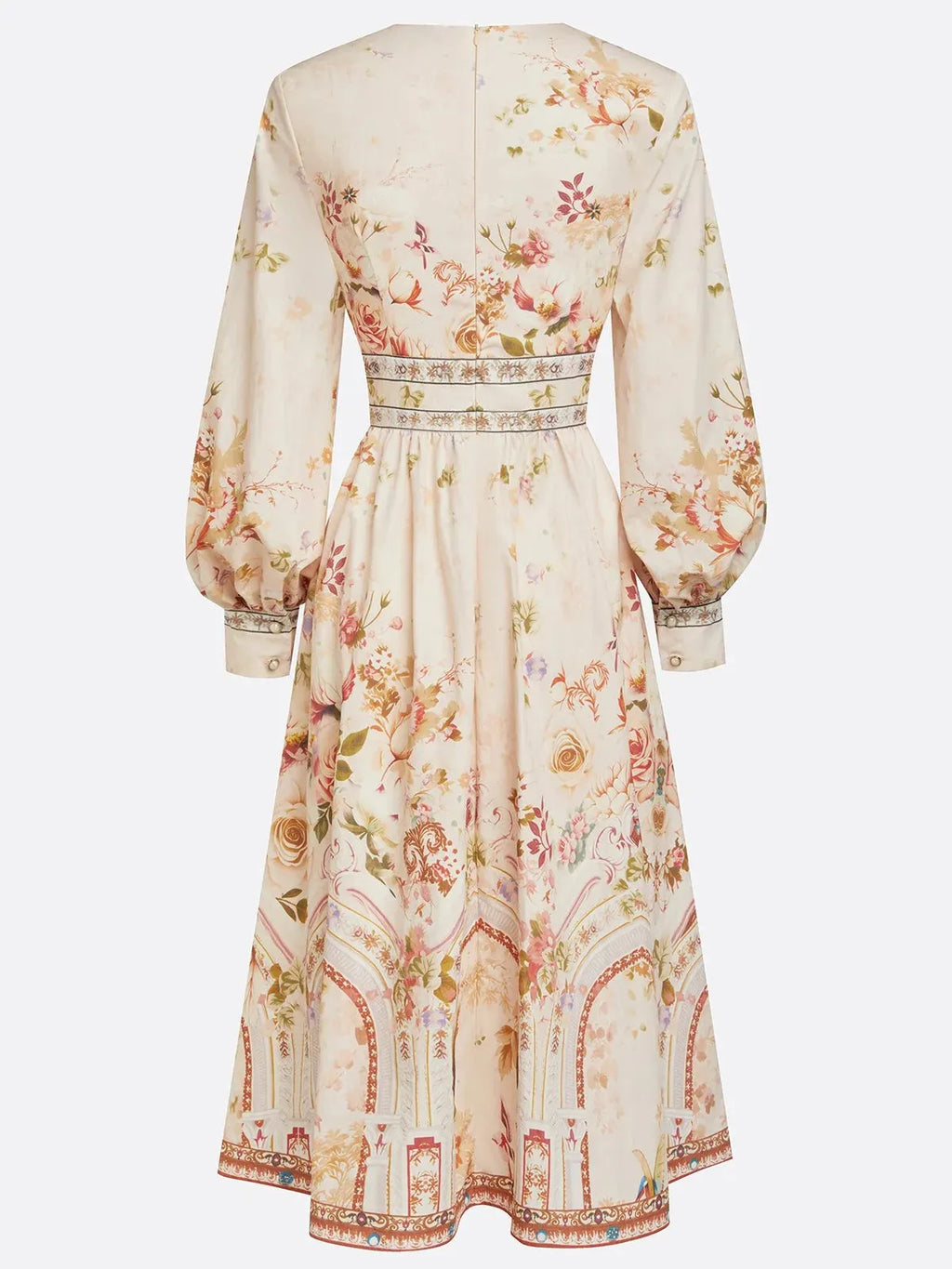 Apricot Floral Ruched Classic V Neck Long Sleeve Puff Sleeve A-Line Midi Dress