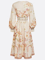 Apricot Floral Ruched Classic V Neck Long Sleeve Puff Sleeve A-Line Midi Dress