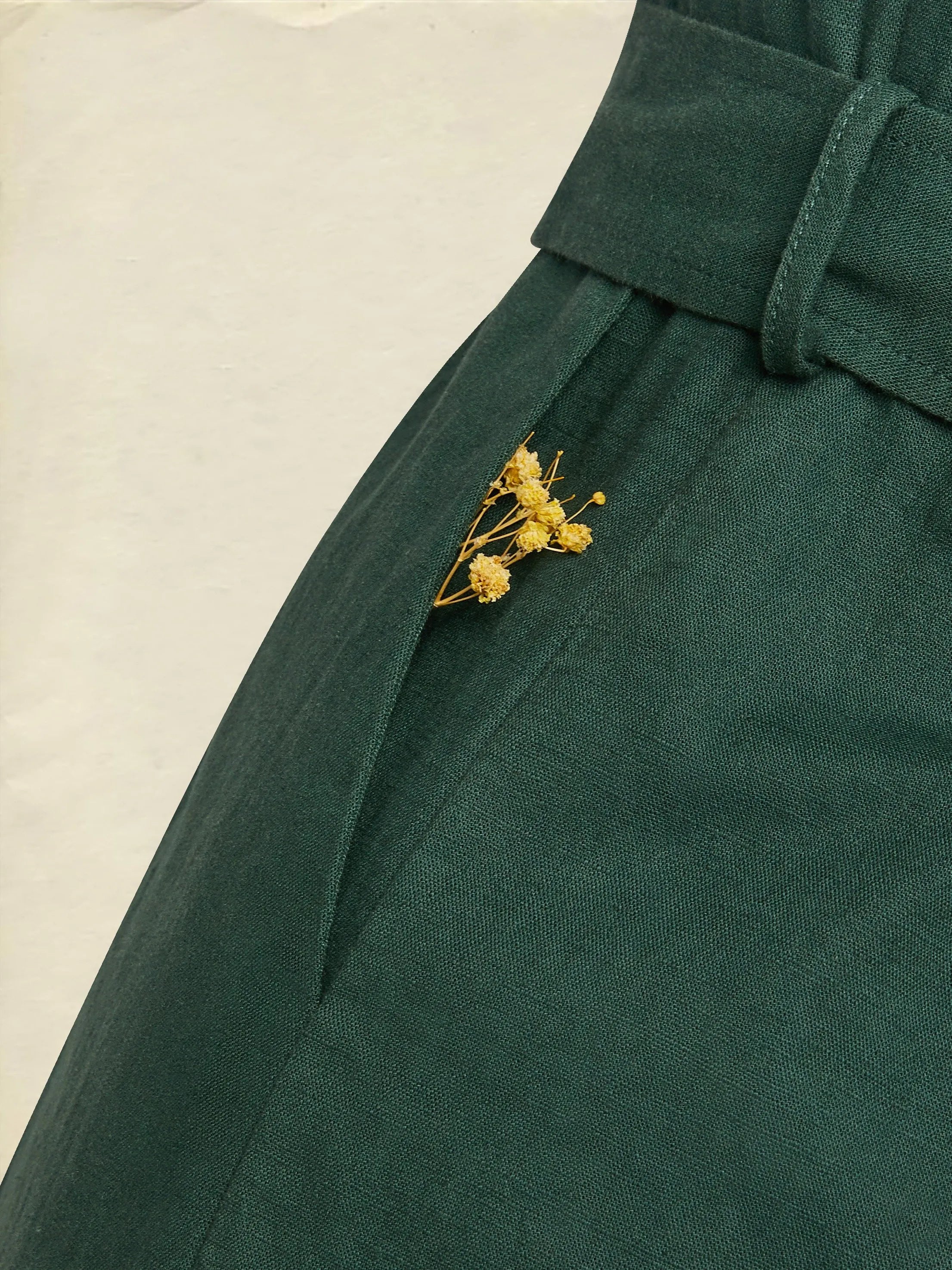 Linen Jumpsuit , Sleeveless, V Neck, Plain, Button Design, Vintage, Green