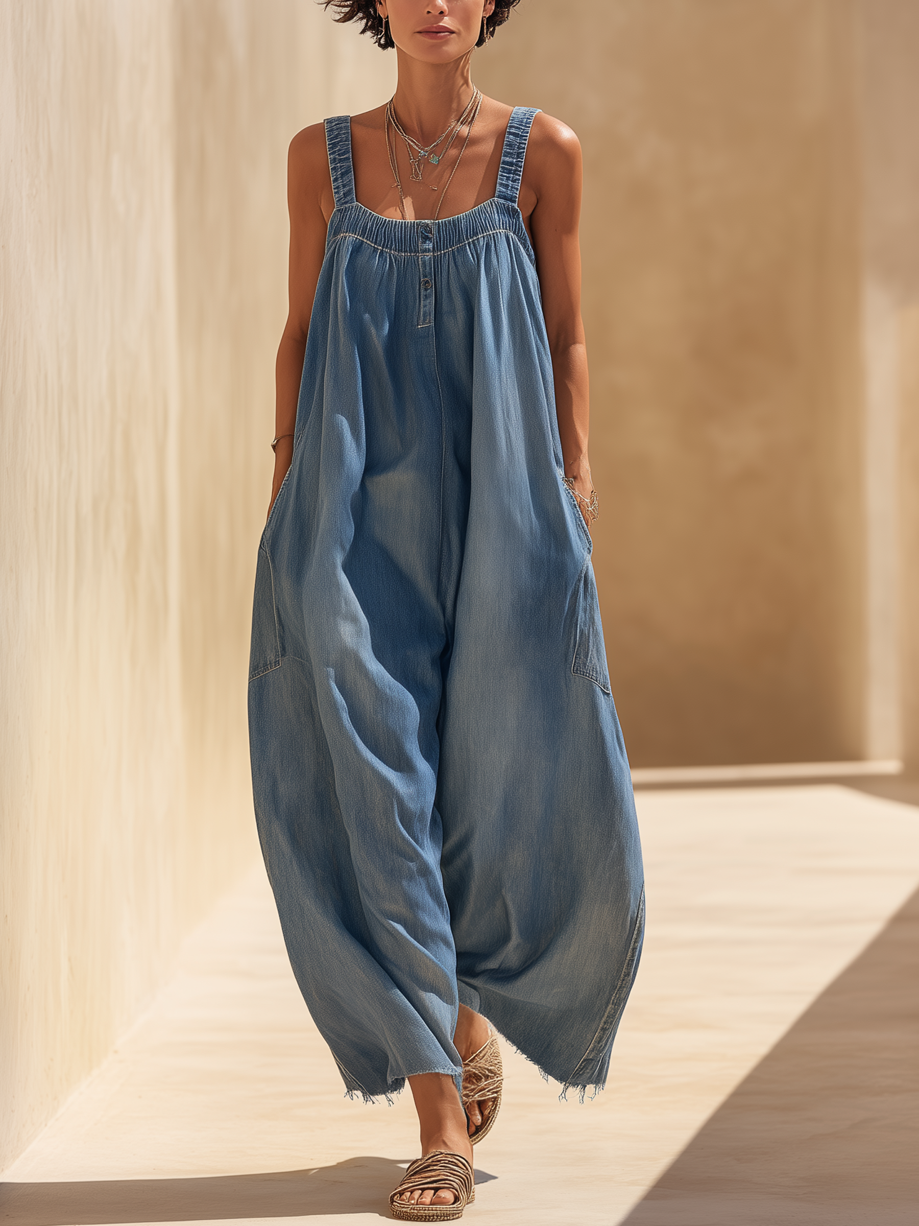 Oversized Lightweight Denim Jumpsuit - Sleeveless Wide-Leg Romper With Frayed Hem