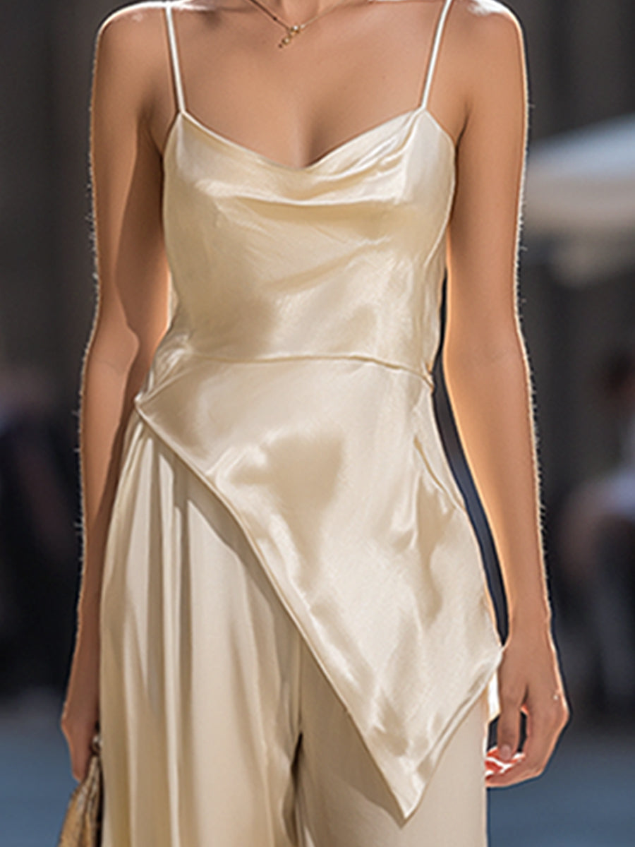 Asymmetrical Draped Satin Cami & Wide-Leg Two-Piece Set