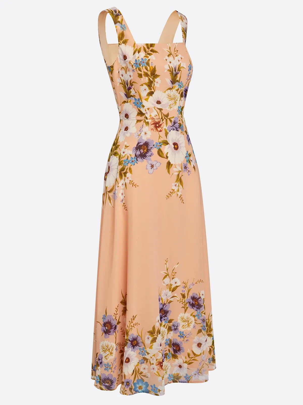 Apricot Floral Chiffon Square Neck Sleeveless A-Line Maxi Dress