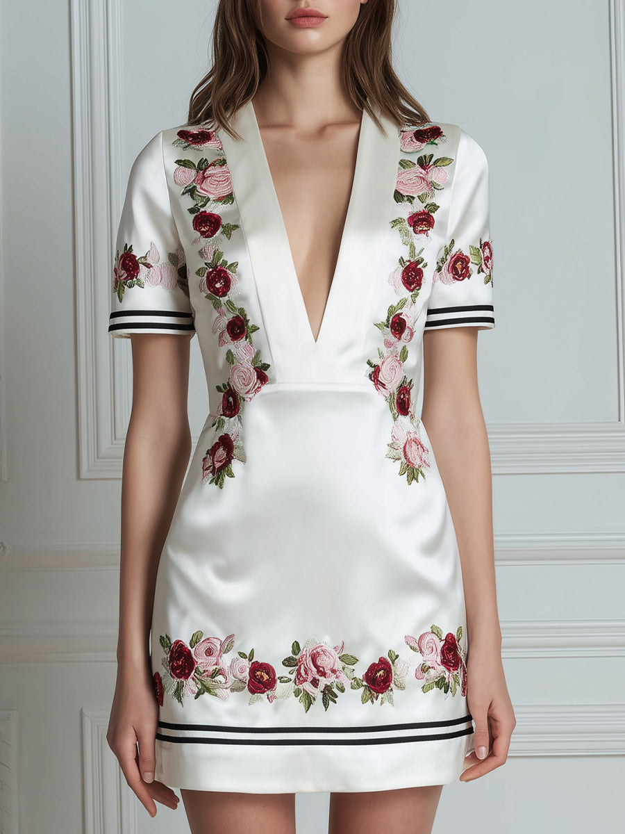 Deep V-Neck Floral Embroidered Contrast Trim Mini Dress