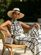 Abstract Grid Print Halter Two-Piece Set | Modern Wide-Leg Co-Ord For Women