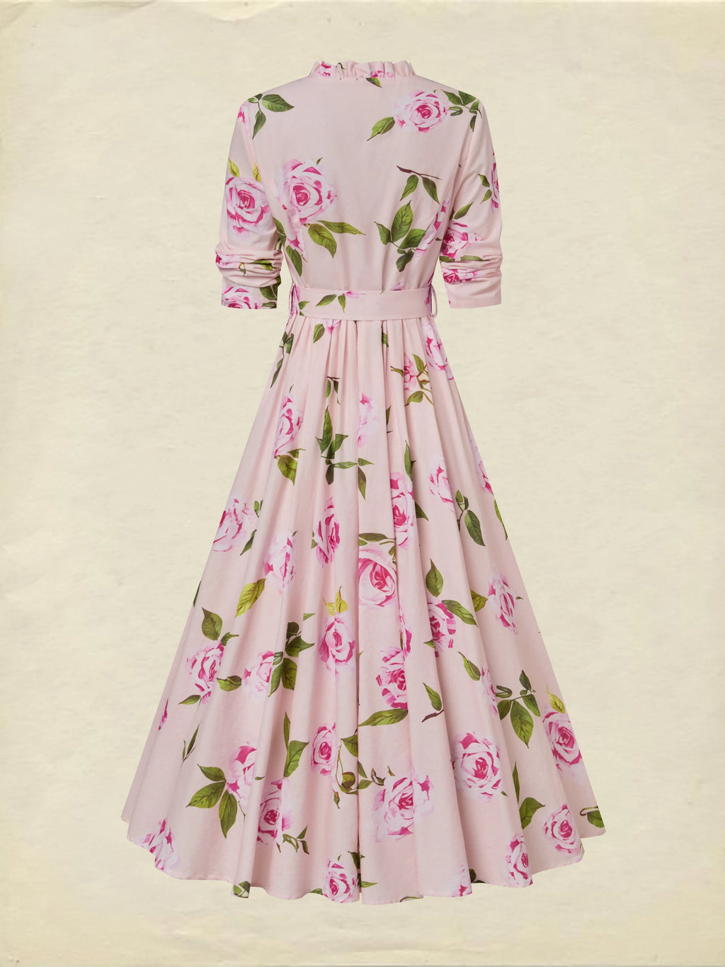 Midi Linen Dress , Long Sleeves, V Neck, Floral, Belt Design, Vacation, Vintage, Light Pink