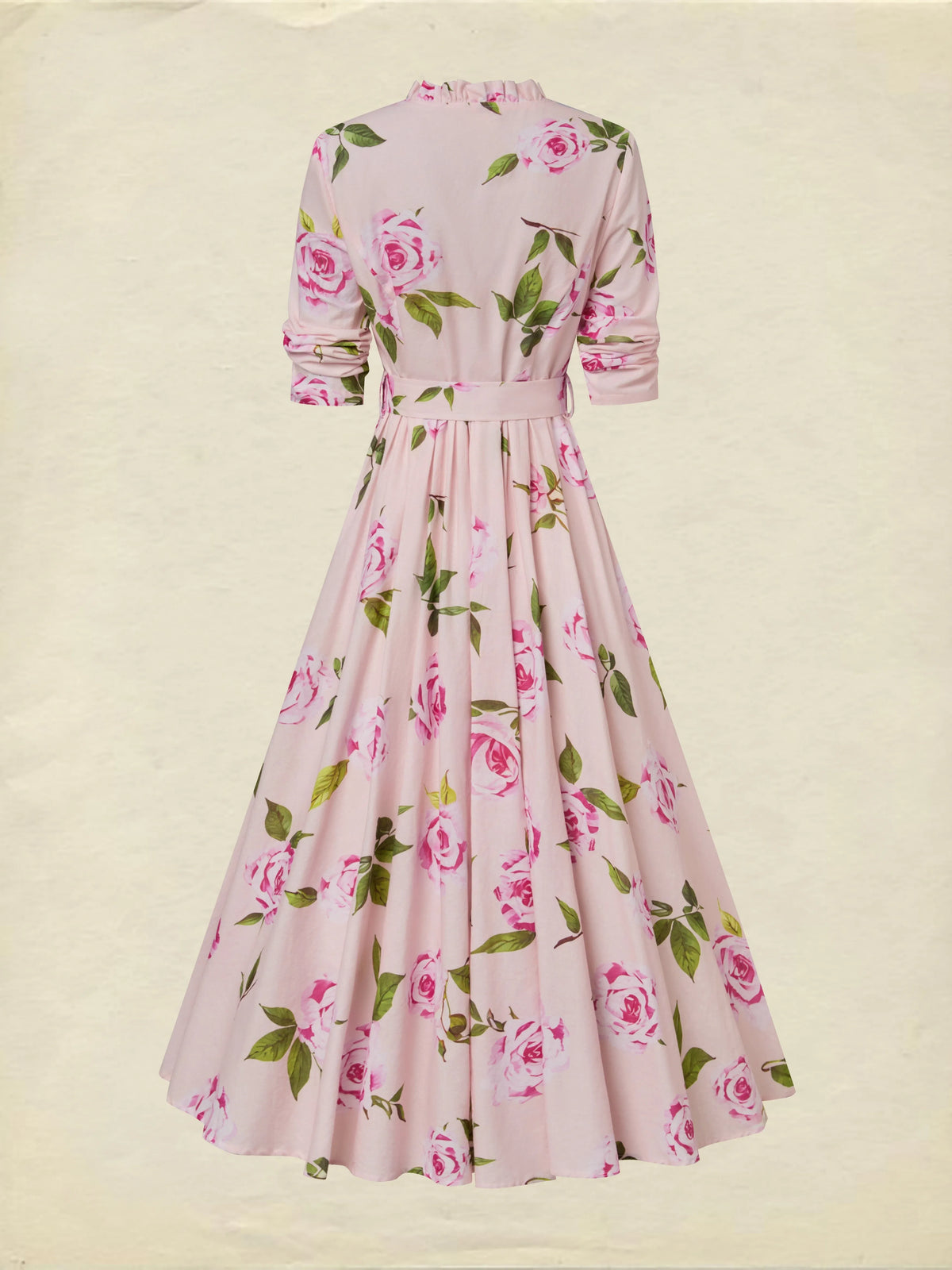 Midi Linen Dress , Long Sleeves, V Neck, Floral, Belt Design, Vacation, Vintage, Light Pink