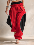 Dual-Waistband Red & Black Colorblock Baggy Cargo Pants