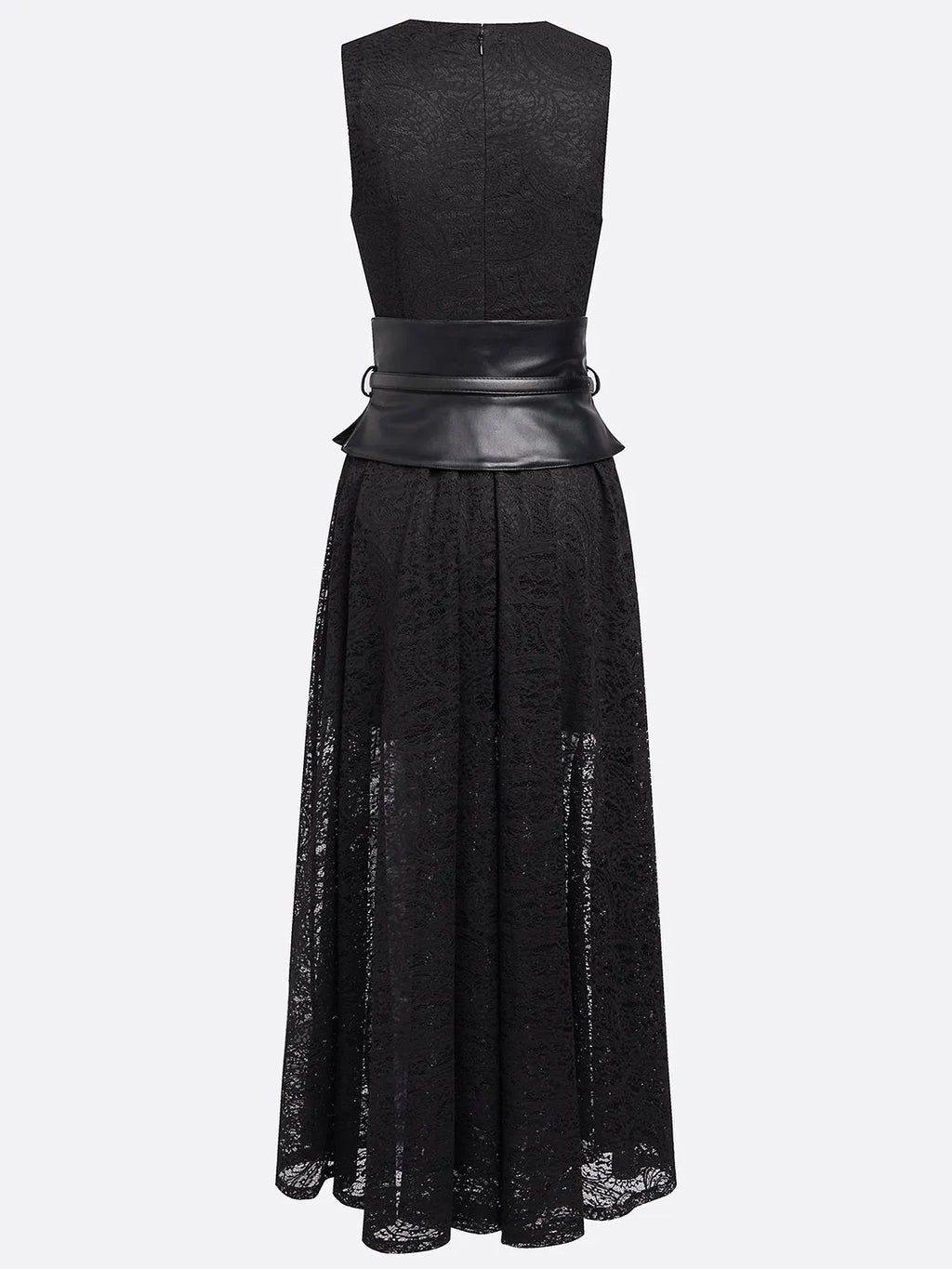 Black Lace Hollow Out Cotton Crew Neck Sleeveless A-Line Maxi Dress With Belt