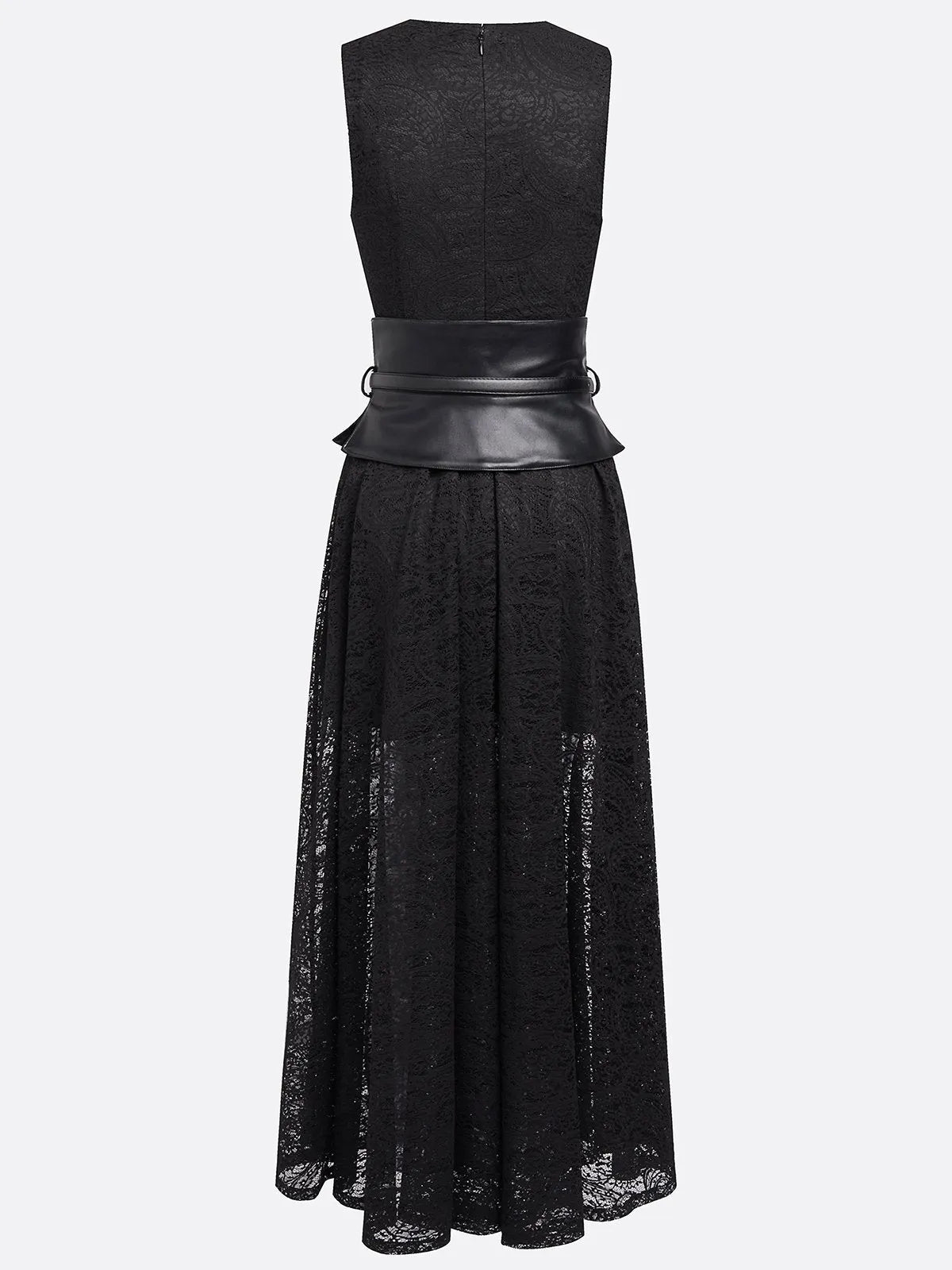 Black Lace Hollow Out Cotton Crew Neck Sleeveless A-Line Maxi Dress With Belt