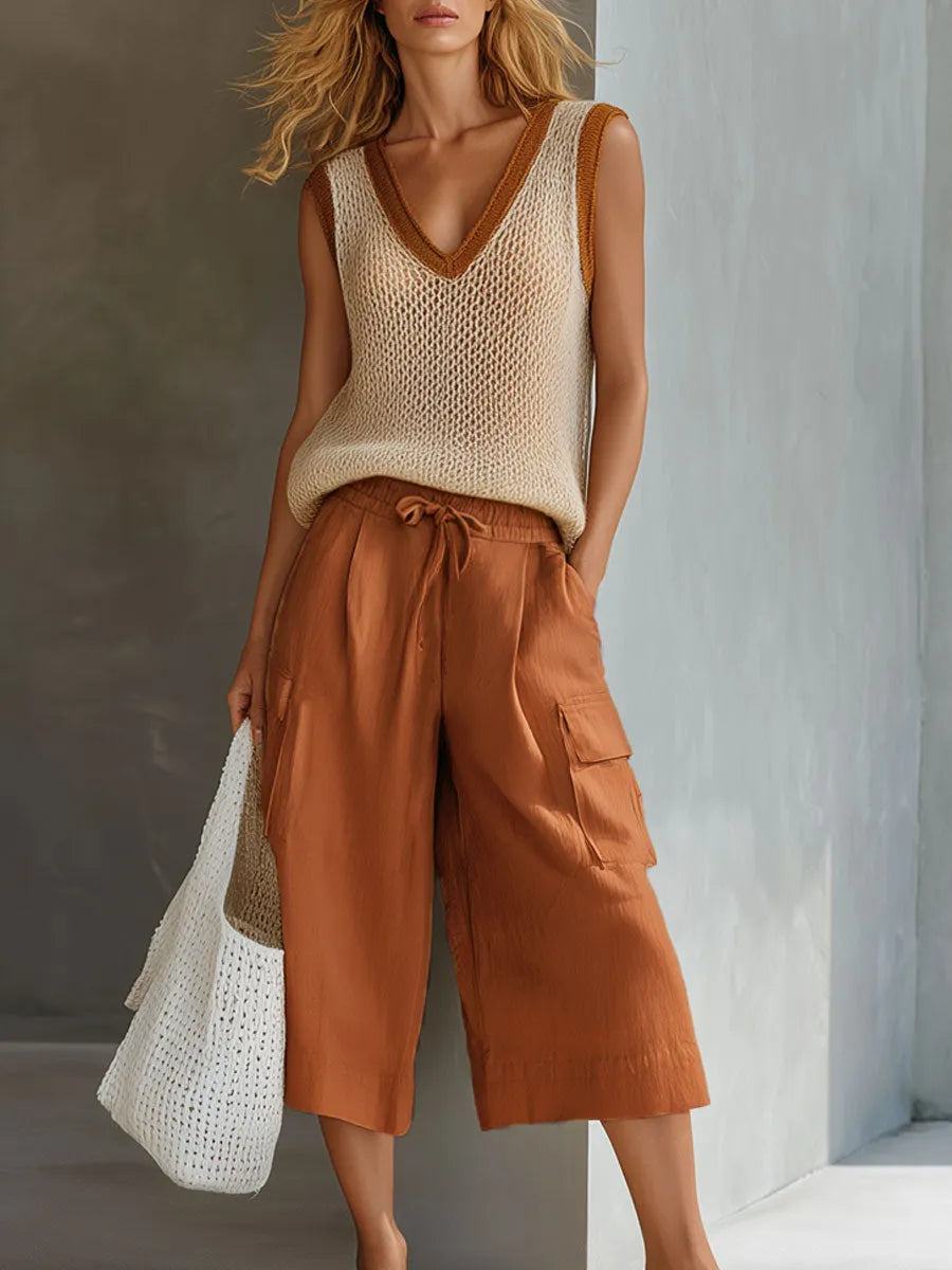 Casual Retro Mesh Knit Vest Caramel Cotton Linen Workwear Shorts Set
