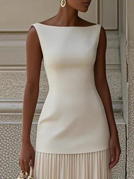 Off White Pleated Classic Boat Neck Sleeveless A-Line Floor-length Gown Dress