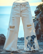 Summer Casual Puppy Denim Patchwork Hole Top & Trousers Two-piece Set d9b0