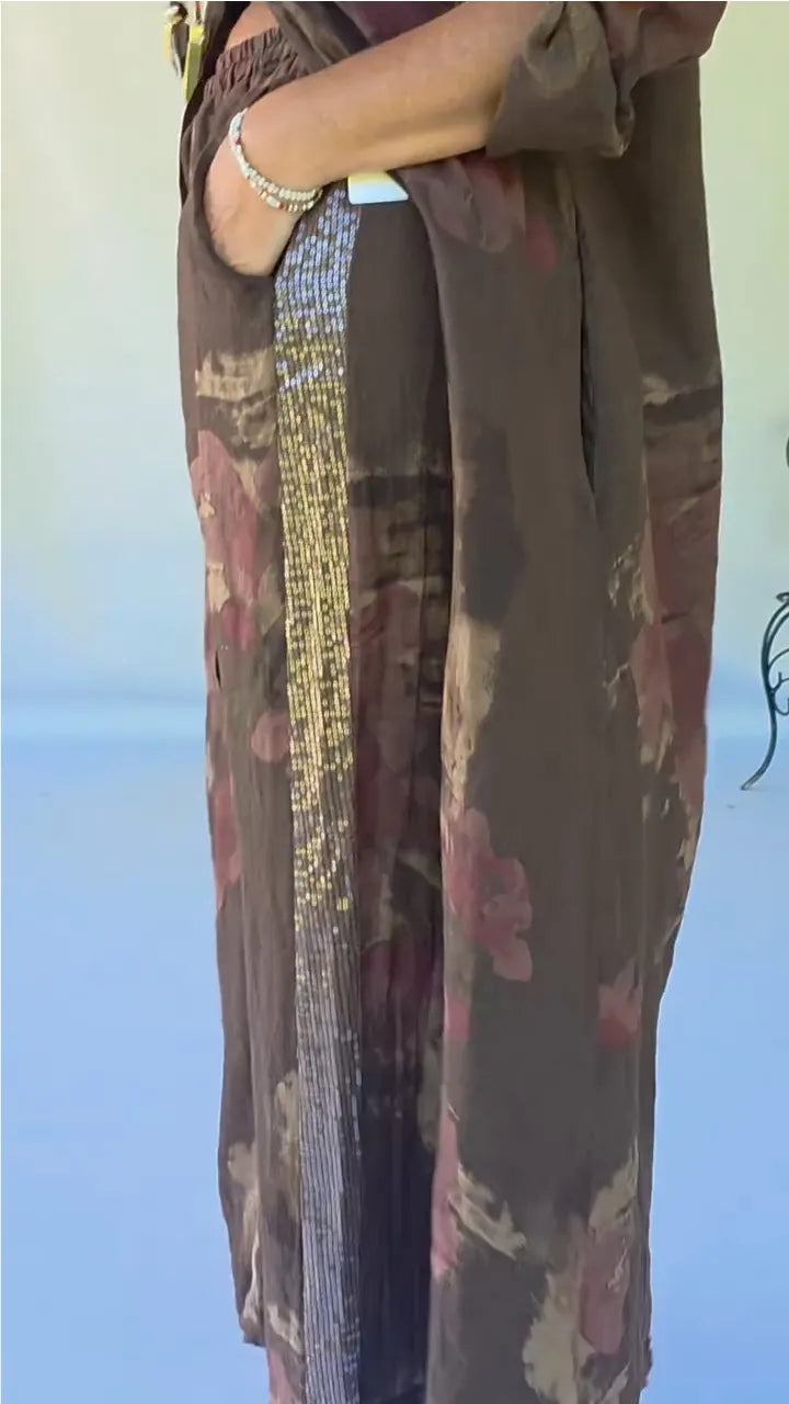 Women's Printed Cotton-Linen Set with Sequin and Patchwork Details