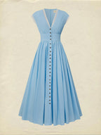 Maxi Linen Dress , Cap Sleeves, V Neck, Plain, Button Design, Vintage, Blue