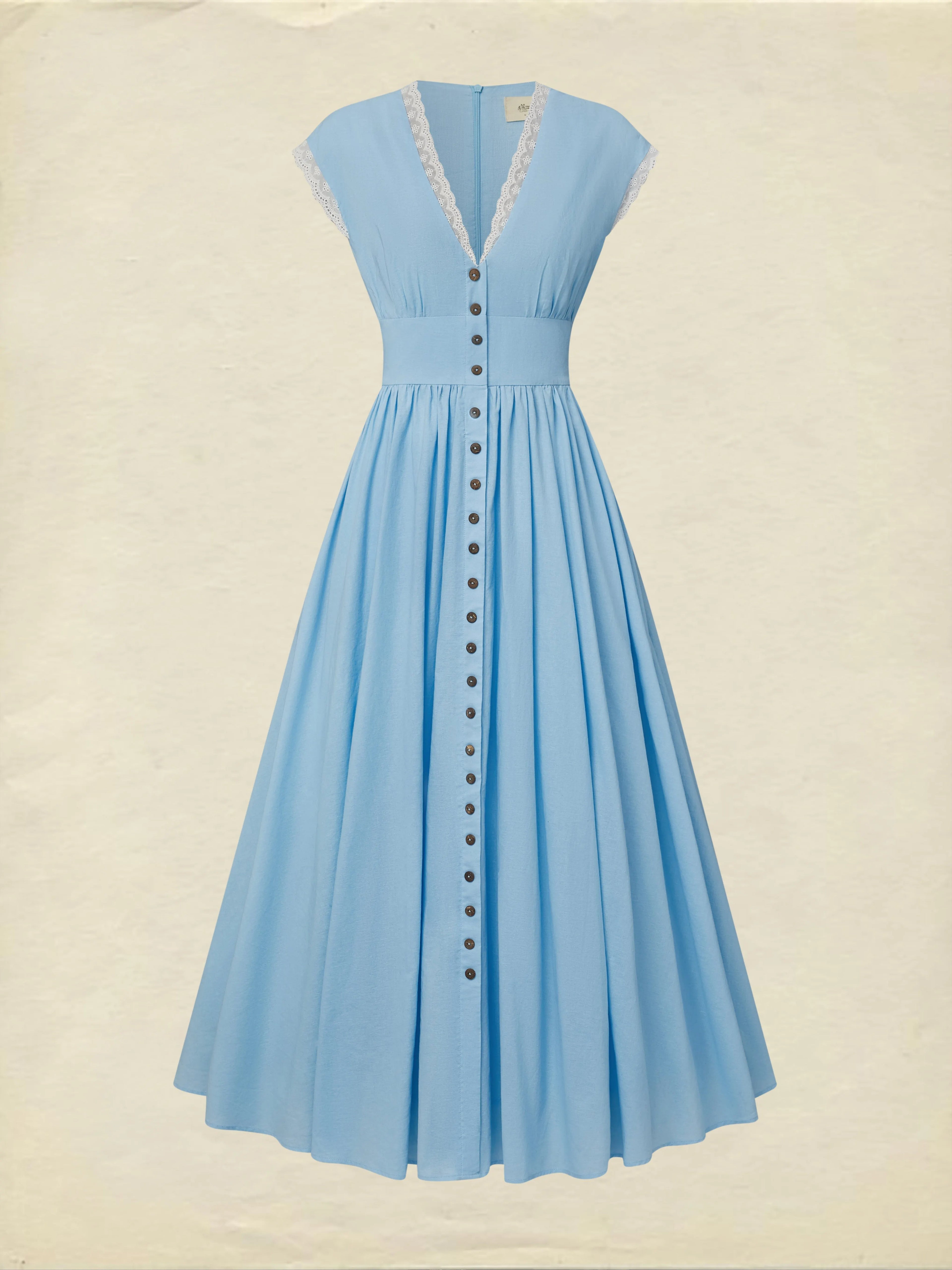 Maxi Linen Dress , Cap Sleeves, V Neck, Plain, Button Design, Vintage, Blue