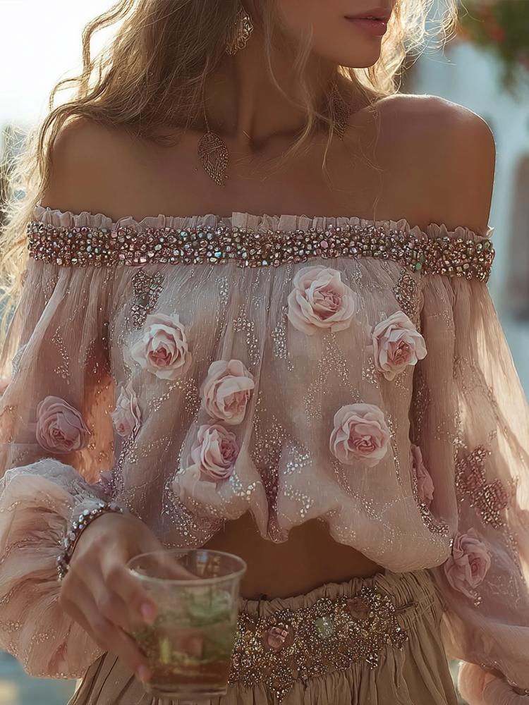 Vintage Pink Rose Design Summer One-word Shoulder Top
