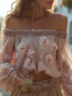 Vintage Pink Rose Design Summer One-word Shoulder Top