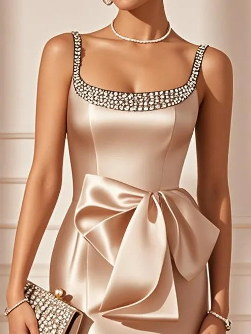 Champagne Hotfix Embellished Bow Satin Square Neck Sleeveless Sheath Midi Dress