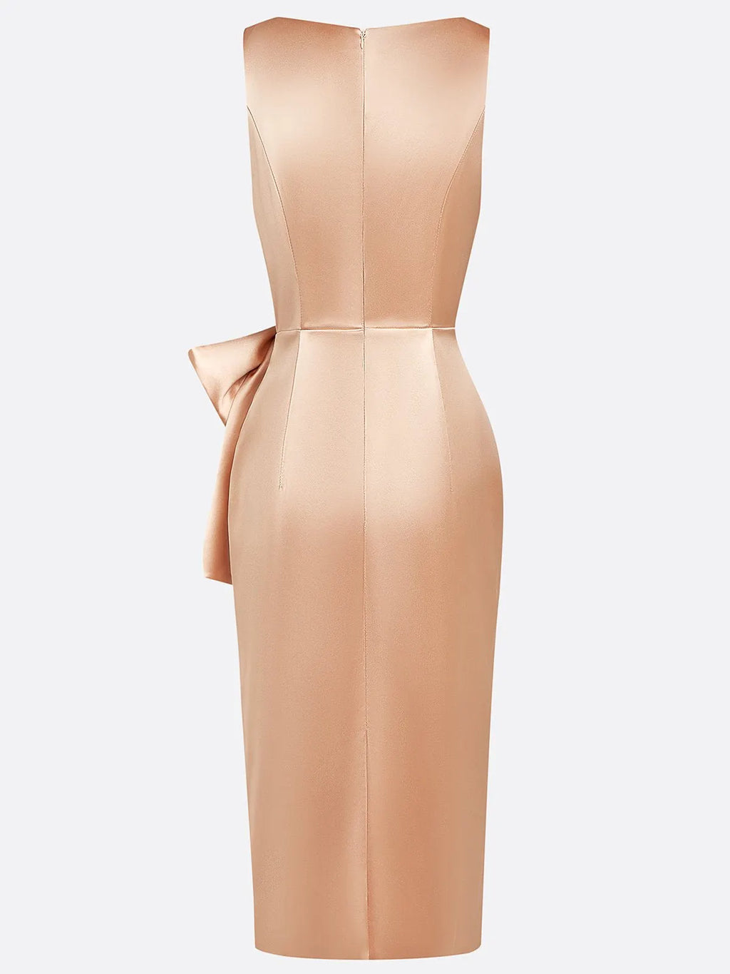 Champagne Hotfix Embellished Bow Satin Square Neck Sleeveless Sheath Midi Dress