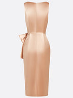 Champagne Hotfix Embellished Bow Satin Square Neck Sleeveless Sheath Midi Dress