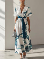 Elegant Chiffon Printed Dress with Waist Tie