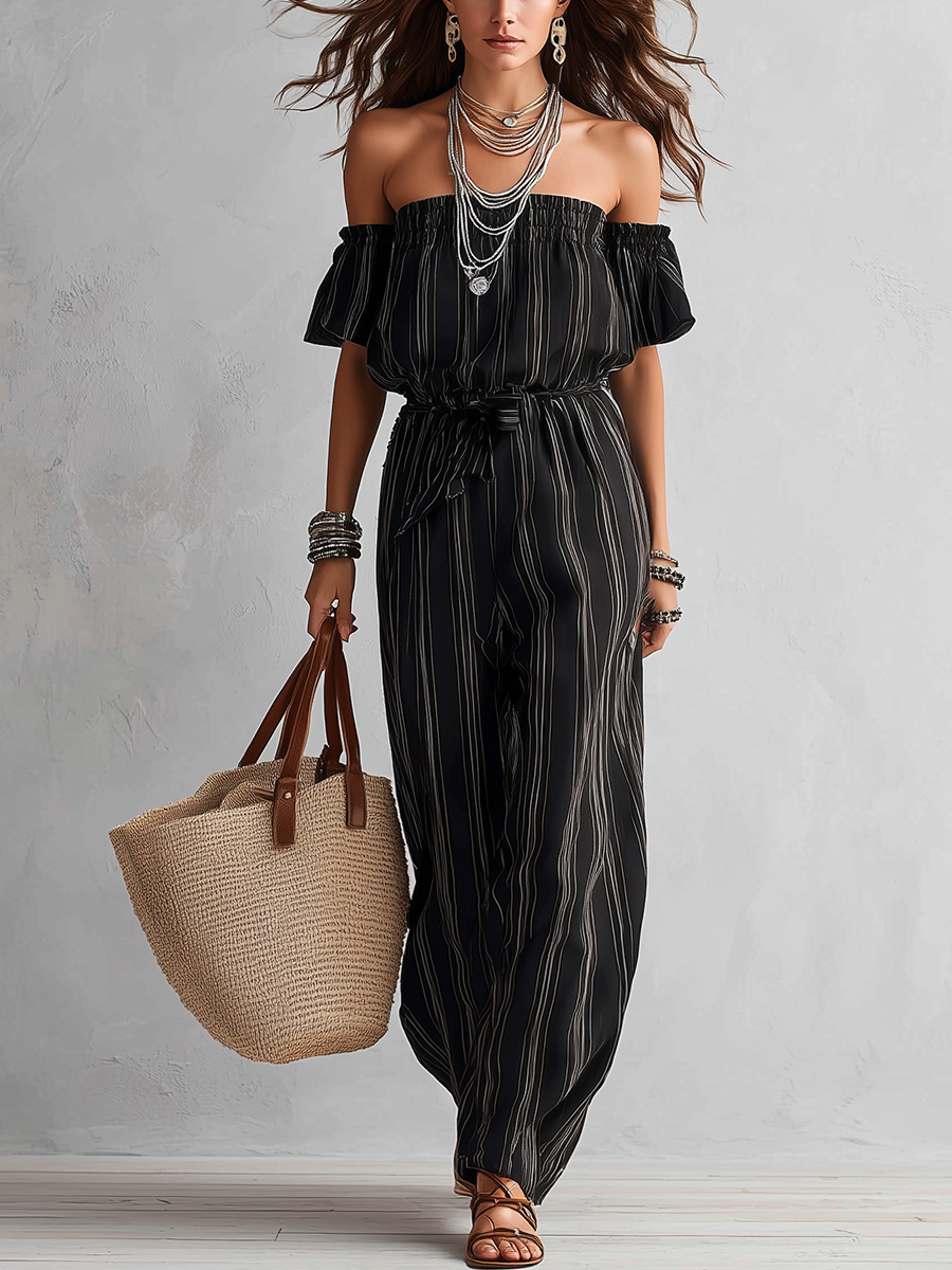 Bohemian Style Black Off-shoulder Striped Jumpsuit