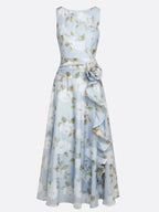 Light Blue 3D Floral Chiffon Boat Neck Sleeveless A-Line Midi Dress