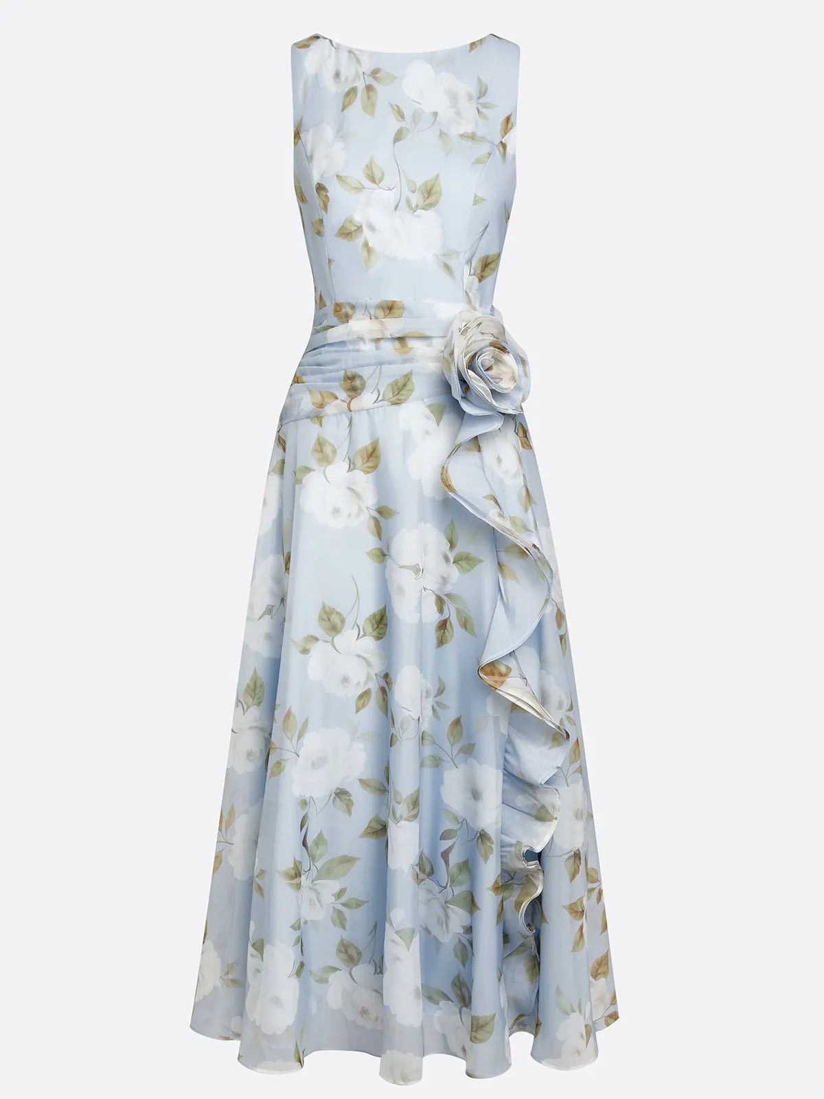 Light Blue 3D Floral Chiffon Boat Neck Sleeveless A-Line Midi Dress